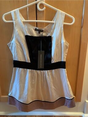 Collective Clothing Beige Sleeveless Peplum Tunic with Black Accents and Tan Hem
